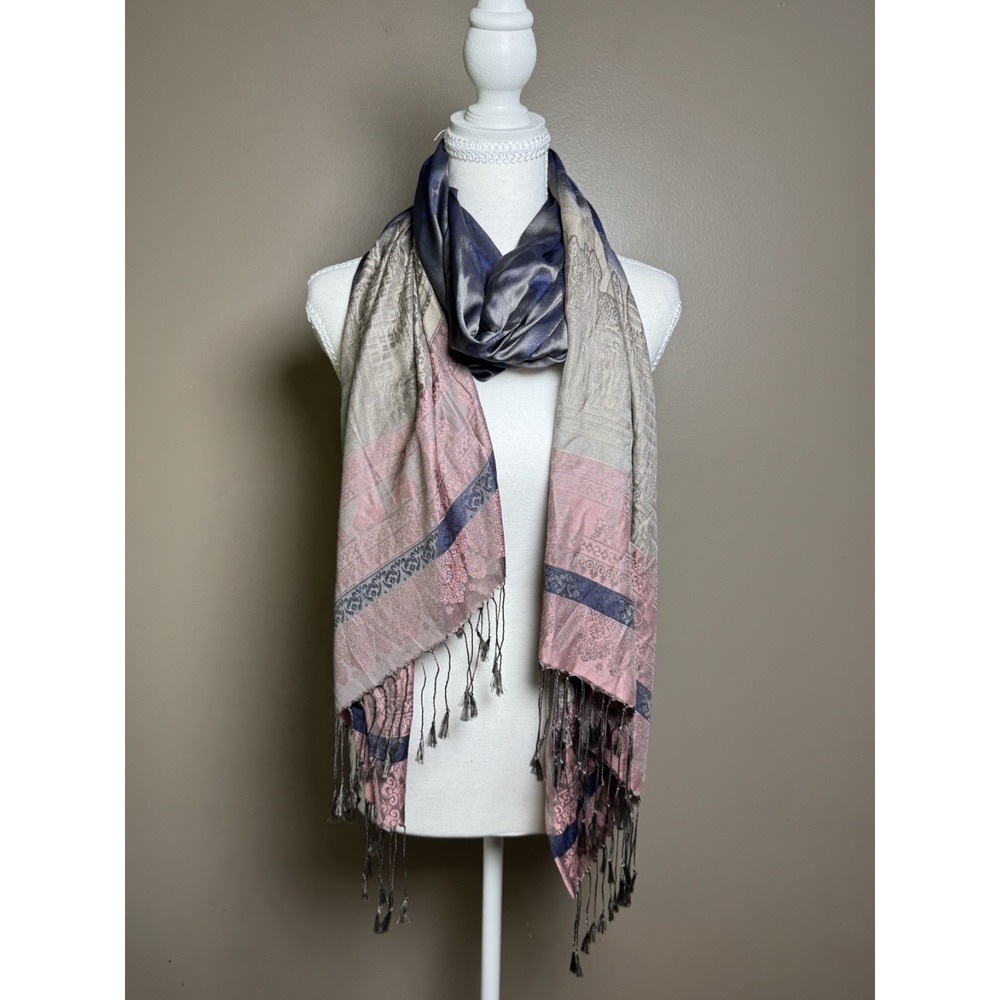 100% Silk Scarf Fringe Grey Pink Navy Blue City Landscape Pattern Wrap